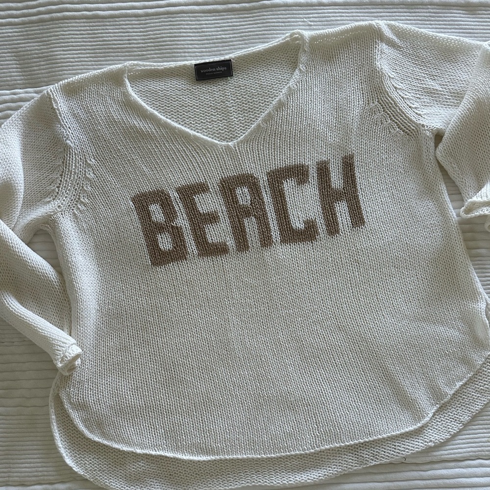 Wooden Ships Wide-knit Slouchy V-Neck, 3/4 "Beach" Sweater, Ivory, Large, VGUC